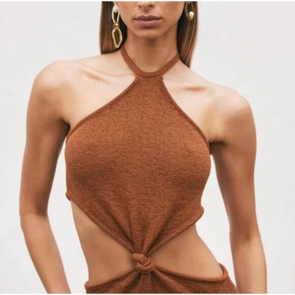 Cult Gaia Cameron Halter Knit Cutout Midi Dress in Amber Large Knotted Waist - Picture 9 of 14